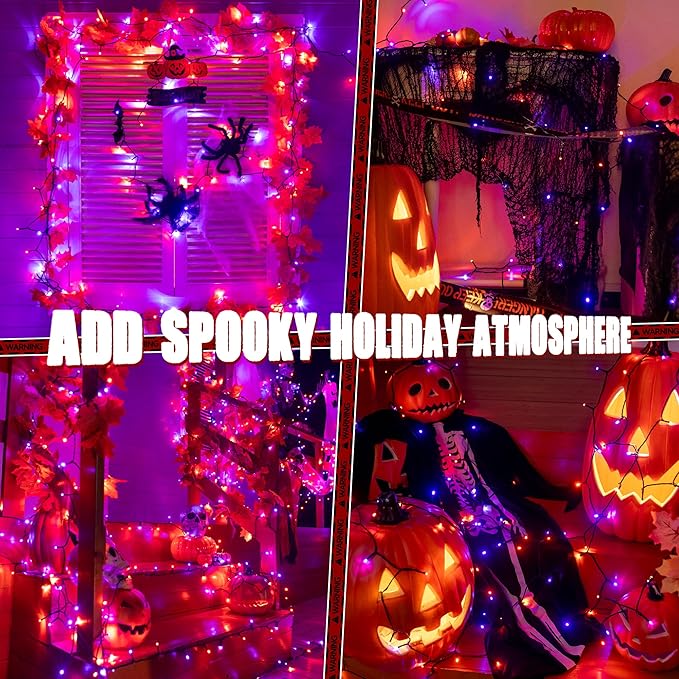 Ollny Halloween Lights Outdoor, 100 LED 33FT Orange and Purple Halloween Decorations with 8 Modes Timer, Plug in String Lights for Indoor Bedroom Home Party Outside