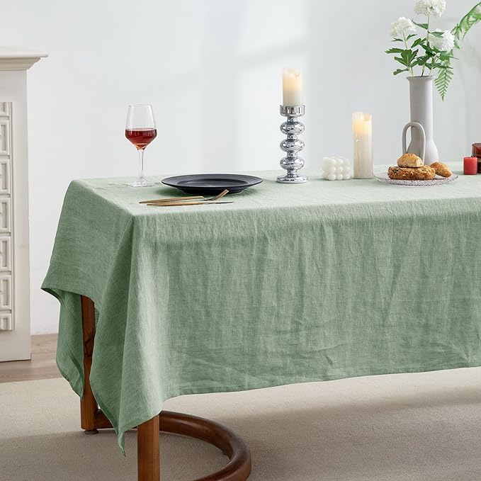 EVERLY Linen Rectangle Tablecloths 60x84 Inches for Dining Room Kitchen Buffet Parties Picnic Events Weddings and Restaurants, Decorative Halloween Thanksgiving Machine Washable Tablecloths-SaGa Green