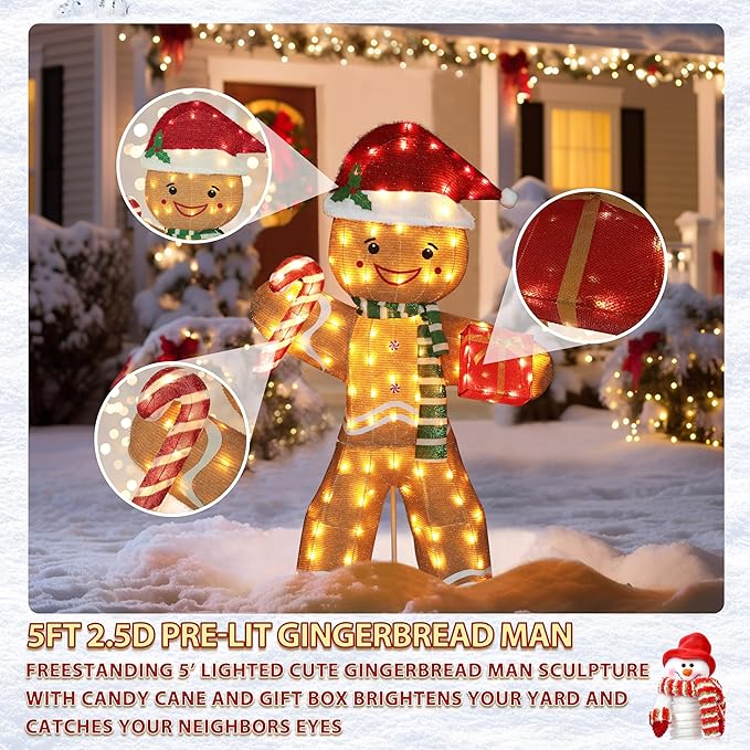 5FT Gingerbread Man with Candy Cane and Gift Box Decoration, 2.5D Pre-Lit Gingerbread Man Decor with 120 LED Lights for Christmas, Freestanding Glittered Holiday Display for Outdoor, Indoor
