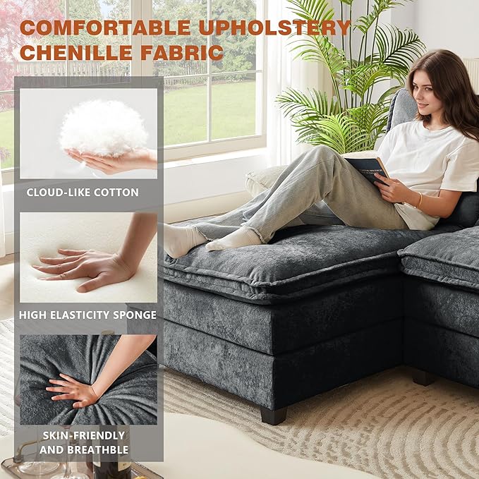 113" Oversized Cloud Couch, U Shape Sectional 4 Seat Sofa with Double Chaises, 2 Layer Cusions, Deep Seat Comfy Sofa, Upholstery Chenille Fabric for Living Room, Dark Grey
