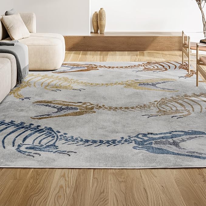 JONATHAN Y Machine-Washable Cream/Multi Indoor Area Rug, 4x6, Kingdarr T-Rex Modern, Casual, Kids & Novelty for Living Room, Dining Room, Bedroom, Kitchen Easy-Cleaning, Non-Shedding (KDW103A-4)