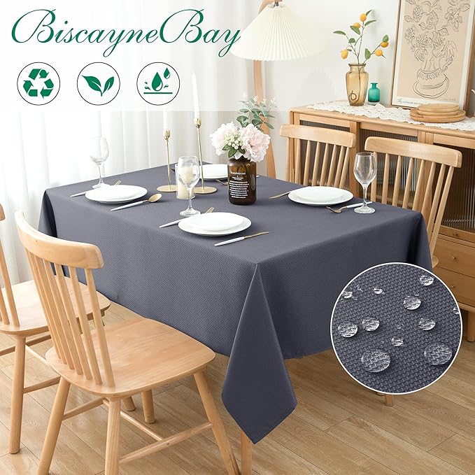 Biscaynebay Textured Fabric Tablecloths 52x70 Inches Rectangular, Dark Grey Water Resistant Tablecloths for Dining, Kitchen, Wedding and Parties etc. Machine Washable