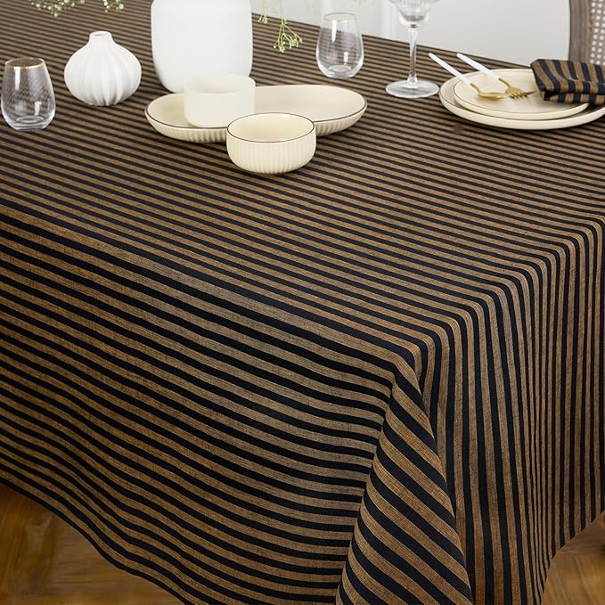 Solino Home Linen Tablecloth 60 x 120 Inch - Amalfi Stripe 100% Pure Linen Brown Sugar and Black Table Cloth for Rectangle Tables - Machine Washable Fabric Tablecloth for Fall, Autumn, Thanksgiving