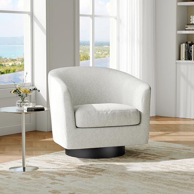 Swivel Barrel Accent Chair, Modern Round Chenille Fabric Arm Chair for Living Room, Bedroom, Comfy Club Reading Chairs for Adults(Chenille Fabric, Beige, Set of 1