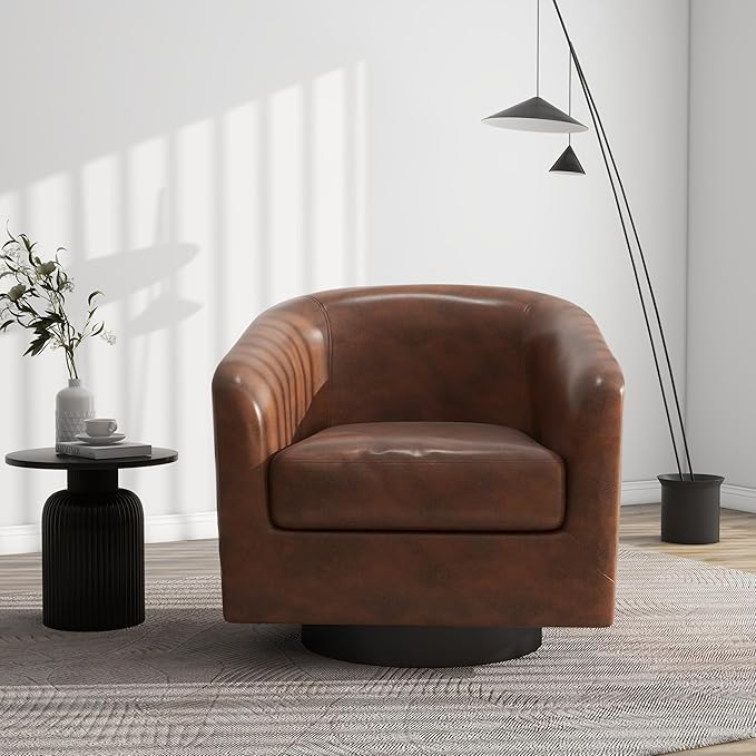 Swivel Barrel Accent Chair, Modern Round Faux Leather Arm Chair for Living Room, Bedroom, Comfy Club Reading Chairs for Adults(Faux Leather, Coffee, Set of 2)