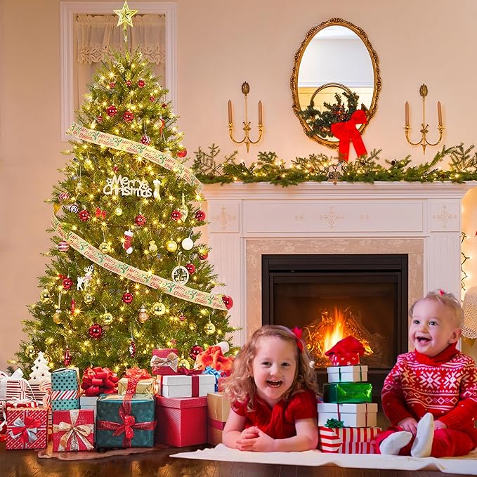 9FT Pre-Lit Artificial Christmas Tree with Color Lights,Green PE & PVC Artificial Xmas Tree,Easy Assembly, Full Branch Tips& Foldable Stand for Home, Office, Party Decoration for Xmas Holiday