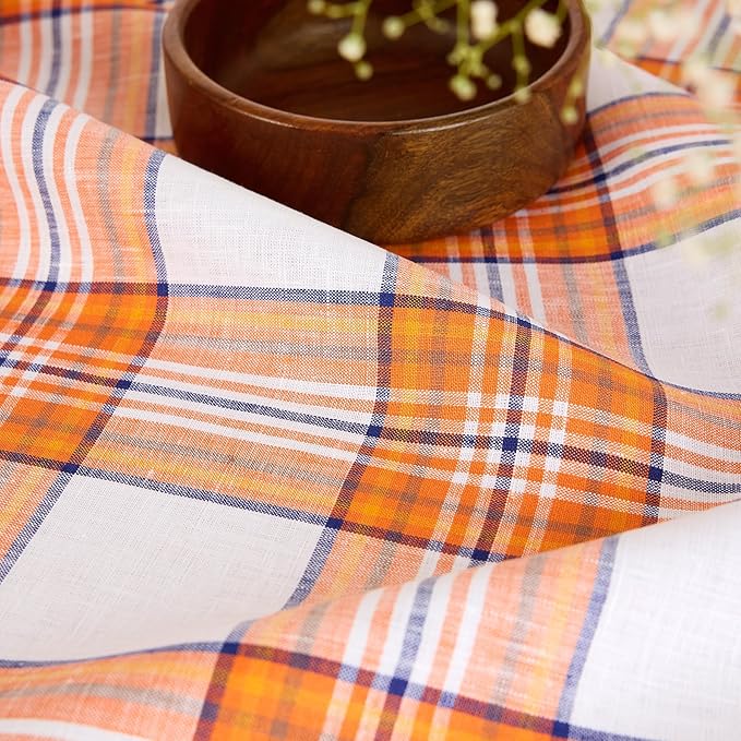 Solino Home Plaid Linen Tablecloth 60 x 90 Inch - 100% Pure Linen Orange Tartan Plaid Table Cloth for Rectangle Tables - Machine Washable Tablecloth for Fall, Autumn, Halloween, Thanksgiving