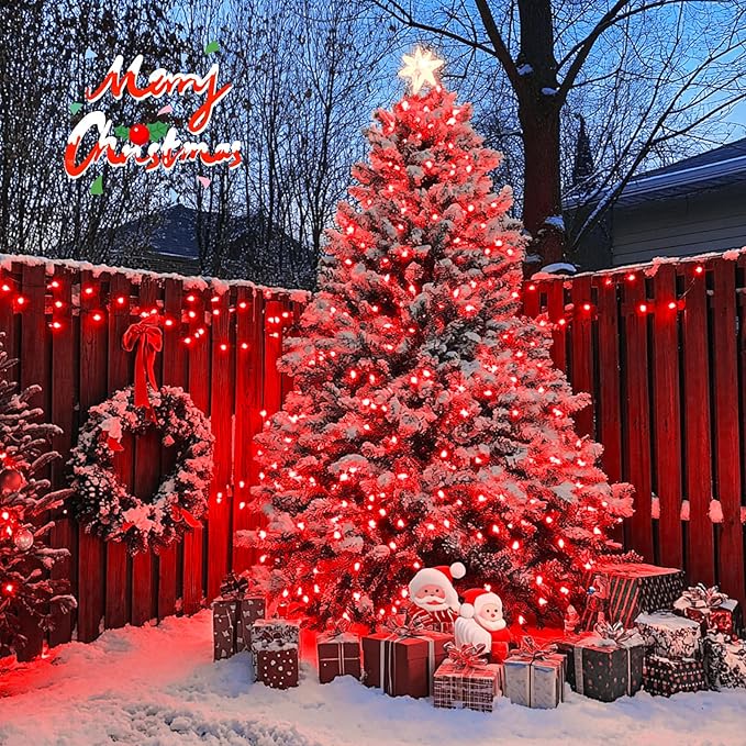 JMEXSUSS 2 Pack Red Solar Lights Outdoor Waterproof, Total 400 LED 151FT Red Halloween Lights, 8 Modes Solar Christmas String Light for Outside Yard Patio Garden Tree Decorations