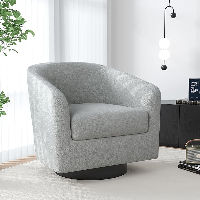 Swivel Barrel Accent Chair, Modern Round Chenille Fabric Arm Chair for Living Room, Bedroom, Comfy Club Reading Chairs for Adults(Chenille Fabric, Light Grey, Set of 1