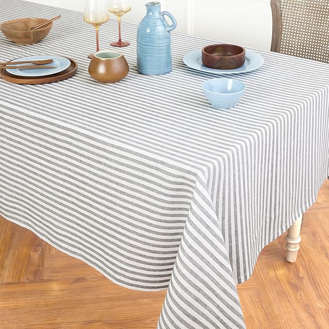 Solino Home Linen Tablecloth 60 x 120 Inch - Amalfi Stripe 100% Pure Linen Grey and White Table Cloth for Rectangle Tables - Machine Washable Fabric Tablecloth for Fall, Autumn