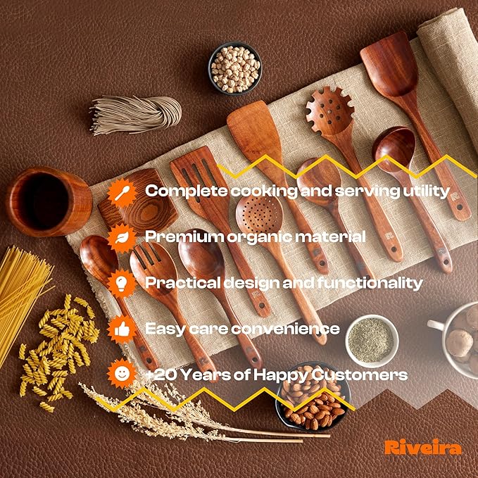 Riveira Dark Teak Kitchen Utensils Set - 12-Piece Non-Toxic Cooking Utensils Set - Wooden Spoons for Cooking - Spatula for Cooking - Teak Wooden Utensils