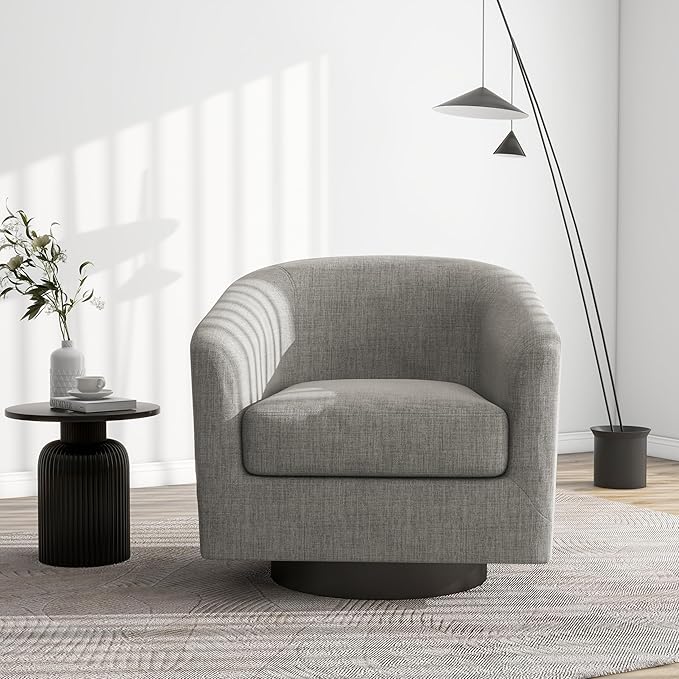 Swivel Barrel Accent Chair, Modern Round Linen Arm Chair for Living Room, Bedroom, Comfy Club Reading Chairs for Adults(Linen Fabric, Khaki, Set of 1