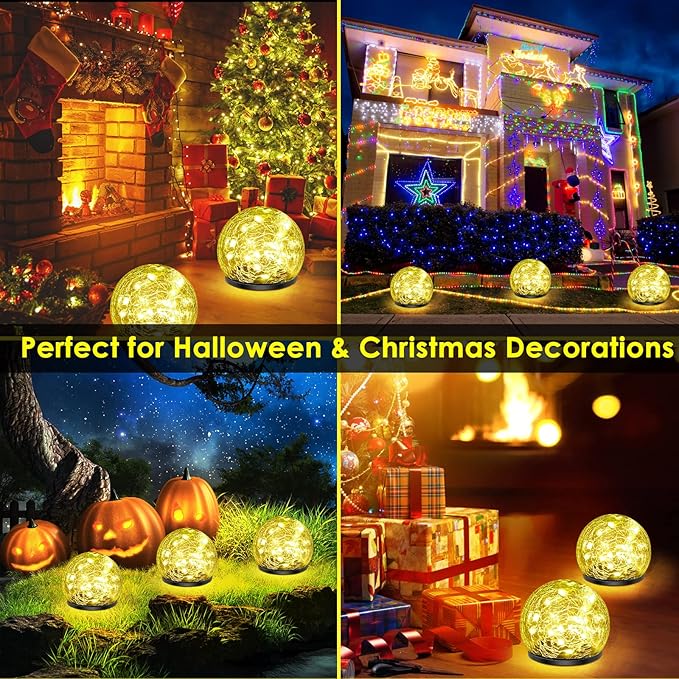 Solar Garden Lights, 2 Pack 80 LED Cracked Glass Solar Globe Lights Outdoor Decoration, Upgraded Waterproof Warm White Ball Lights for Yard Pathway Patio Lawn Christmas Outside Decor, 5.9"