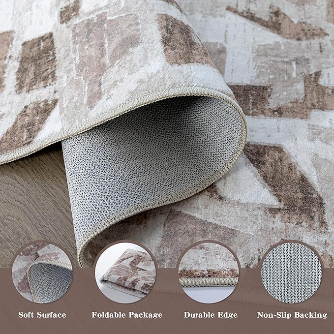 Modern Abstract 6X9 Area Rug for Living Room Bedroom Washable, with Non-Slip Rubber Backing Print Faux Wool Thin, Brown Throw Large Carpet for Kids Playroom Dining Room Pet & Child Friendly