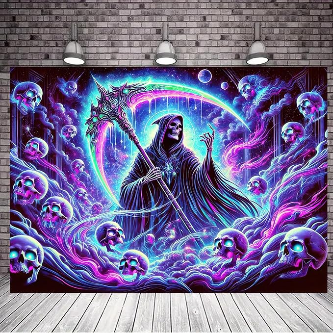 BlissYard Blacklight Skull Tapestry UV Reactive Tapestry 78x59 Inch Grim Reaper Gothic Skeleton Wall Tapestry Glowing Tapestry Large Neon Tapestry Wall Hanging for Living Room Bedroom Decor Teens
