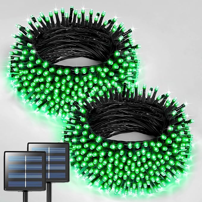 JMEXSUSS 2 Pack Green Halloween Lights, Total 400 LED 151FT Green Solar Lights Outdoor Waterproof, 8 Modes Solar Christmas String Light for Outside Patio Yard Tree Christmas Halloween Decorations