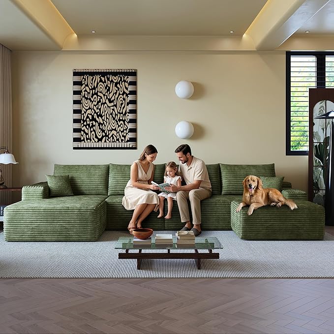 108" Sectional Couches for Living Room Modern Modular Sofa with L-Shape Couchs Upholstered Boneless Couch Deep Seat Sectional Couch with Chaise (Green, Left Facing Chaise+3Seaters+Ottoman)