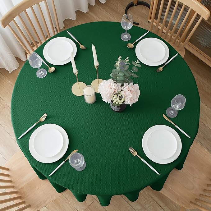 Biscaynebay Textured Fabric Round Christmas Tablecloths 70", Hunter Green Water Resistant Spill Proof Tablecloths for Dining, Kitchen, Wedding, Parties Machine Washable