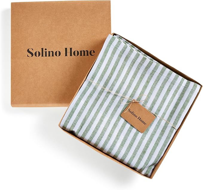 Solino Home Linen Striped Tablecloth 60 x 90 Inch - 100% Pure Linen Green and White Table Cloth for Rectangle Tables - Amalfi Stripe, Machine Washable Tablecloth for Fall, Autumn