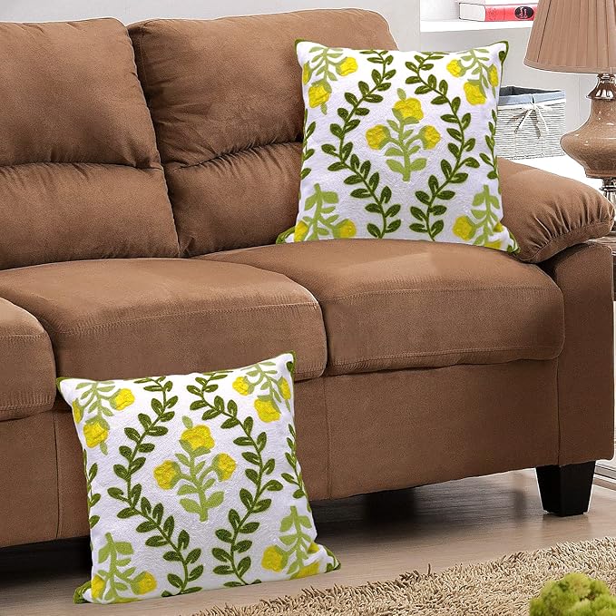 Alysheer Floral Embroidered Summer Decorative Throw Pillow Cover 18"x 18" Set of 2, Farmhouse Cottage Yellow Flower Green Leaves Patterned Cotton Cushion Case for Couch Bed Living Room Outdoor Decor