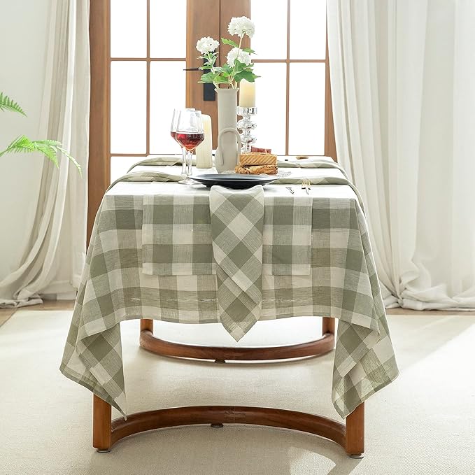 EVERLY 100% Yarn-Dyed Linen Rectangle Tablecloths 60x132Inches for Dining,Buffet Parties,Picnic,Events and Restaurants,Decorative Halloween,Thanksgiving Machine Washable Tablecloths-Sage Green Plaid