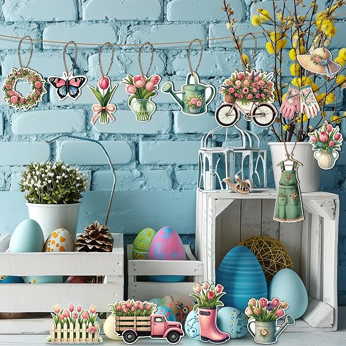 48PCS Spring Decor Wooden Flowers Ornaments Hanging Tulips Signs Decorations for Home Small Tree Party