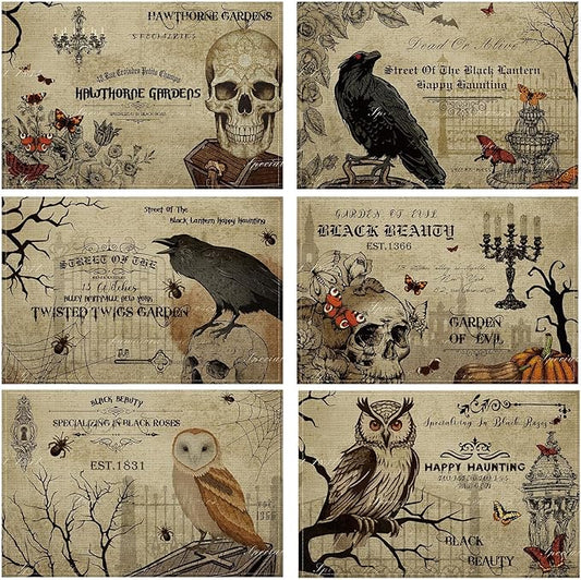 Umigy 6 Pcs Halloween Placemats 12"x18" Gothic Bat Placemats Kitchen Decoration Washable Witch Place Mats Rectangle Skull Table Mats for Halloween Dining Table Accessories(Poster Style)