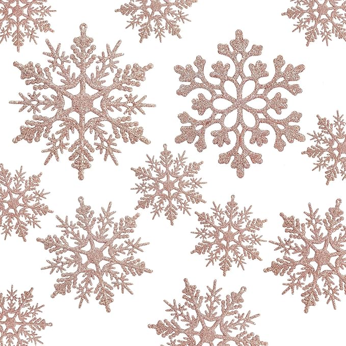 36pcs Christmas Rose Gold Snowflake Ornaments Plastic Glitter Snow Flakes Ornaments for Winter Christmas Tree Decorations Size Varies Craft Snowflakes