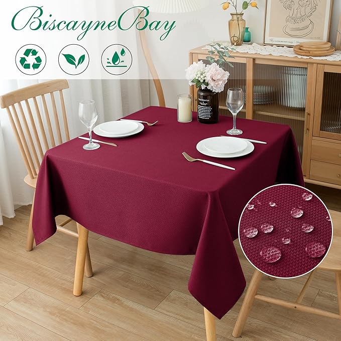 Biscaynebay Textured Fabric Christmas Square Table Cloth 90x90 Inch, Burgundy Water Resistant Tablecloths for Dining, Kitchen, Wedding, Parties etc. Machine Washable