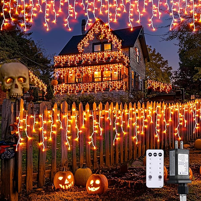 JMEXSUSS Orange Halloween Lights Outdoor, 38.8 FT 400 LED Orange Icicle Lights Outdoor Waterproof, 8 Modes String Light Plug in for Fireplace Tree Garden Patio Thanksgiving Fall Halloween Decor