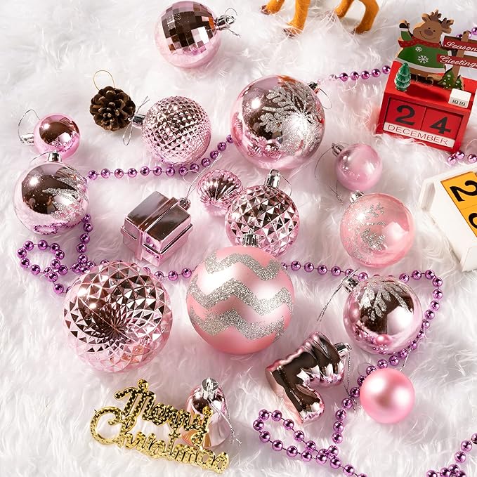 116Pcs Pink Christmas Ball Ornaments Set, Shatterproof Christmas Hanging Decoration Set with Gift Box, Assorted Decorative Baubles Set for Xmas Tree/Home/Wedding/Party/Holiday (Pink)
