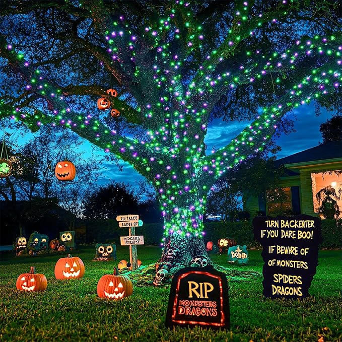 JMEXSUSS 2 Pack Purple and Green Halloween Lights, Total 400 LED 151FT Solar Halloween Lights Outdoor Waterproof, 8 Modes Solar Christmas String Light for Outside Tree Patio Decorations