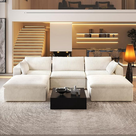 118" U Shaped Modern Sofa Modular Sectional Cloud Couch with 2 Ottoman,Upholstered Couches with Corduroy Fabric for Living Room Furniture,Bedroom and Apartment,No Assembly Required,White