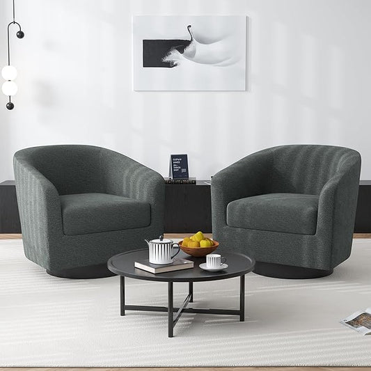 Swivel Barrel Accent Chair, Modern Round Chenille Fabric Arm Chair for Living Room, Bedroom, Comfy Club Reading Chairs for Adults(Chenille Fabric, Grey, Set of 2