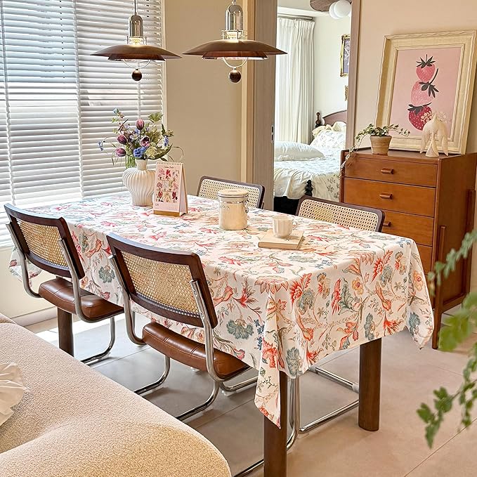 Spring Summer Outdoor Tablecloth 60 x 84 Inch, Rectangular Waterproof Spillproof Table Cloth, Washable Decorative Floral Table Cover for Dining, Farmhouse, Party, Easter - Flowers and Birds