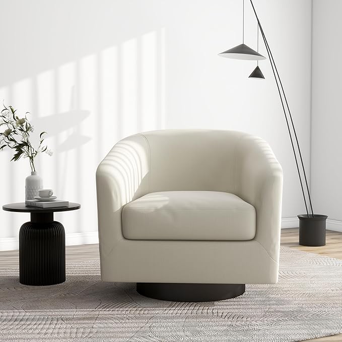 Swivel Barrel Accent Chair, Modern Round Linen Arm Chair for Living Room, Bedroom, Comfy Club Reading Chairs for Adults(Linen Fabric, Beige, Set of 4