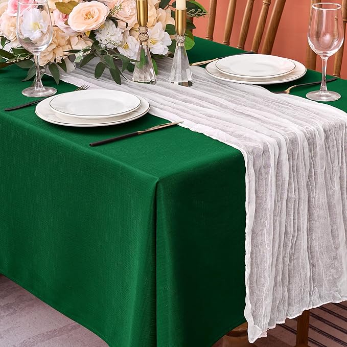 Fitable Faux Linen Christmas Tablecloths 2 Pack, Burlap Textured Table Cloth Rectangle, Decorative Table Covers for Winter Holiday Kitchen Dining Party Farmhouse (Hunter Green, 60 x 102 Inch)