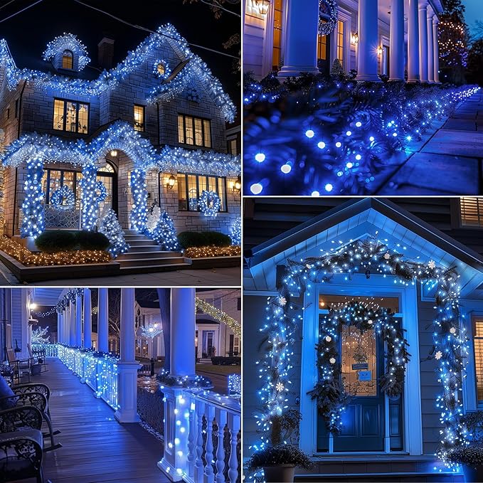 Battery Operated Christmas Lights 2 Pack 18 Feet 50 LED Clear Mini String Lights with 8 Modes Waterproof Tree Lights for Xmas Outdoor Indoor Holiday Party Garden Decor, Blue & White
