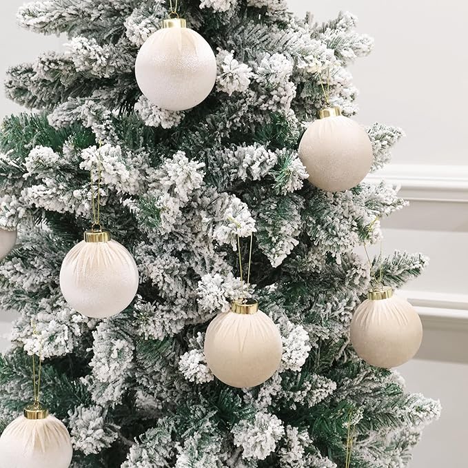 3.15inch Velvet Ornaments for Christmas Tree, 15pcs Flocked Christmas Ornaments Decorations Balls Set Decor Beige