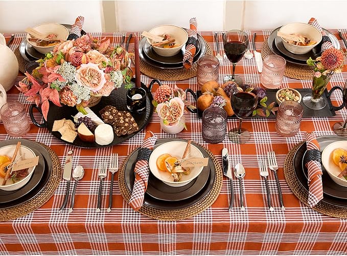 Solino Home Linen Tablecloth 60 x 120 Inch - 100% Pure Linen Glen Check Nutmeg Table Cloth for Rectangle Tables - Machine Washable Tablecloth for Fall, Autumn, Halloween, Thanksgiving