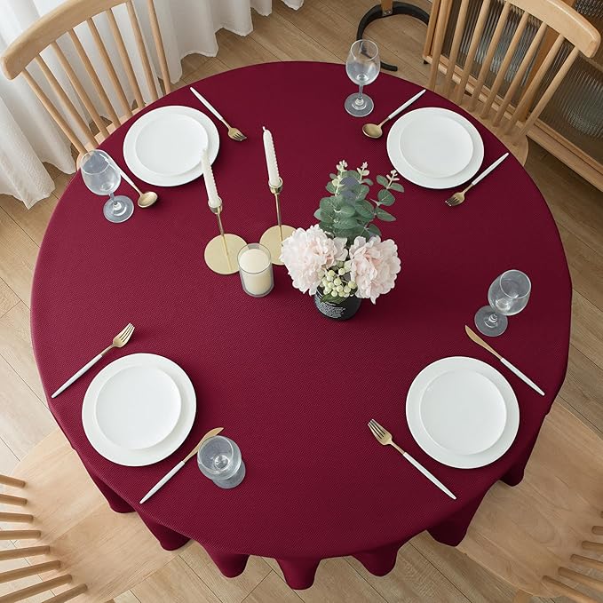 Biscaynebay Textured Fabric Round Christmas Table Cloths 108", Burgundy Water Resistant Washable Folding Table Covers for Dining, Kitchen, Wedding, Parties Machine Washable