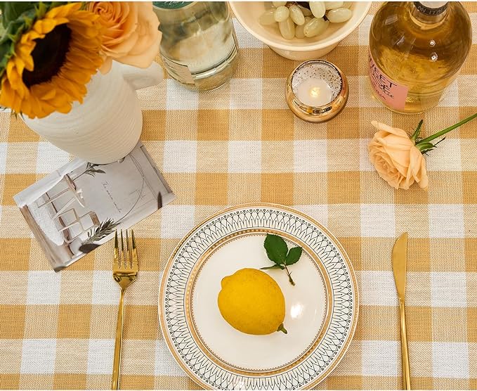 Table Cloth Rectangle Table-Rustic Gingham Tablecloth Buffalo Plaid Table Cloth for Spring Summer Easter Thanksgiving Picnic Kitchen Dining Room (55x70 Inch,Yellow and White)