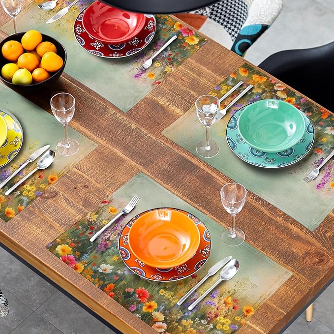 Floral Placemats Set of 4 Spring Summer Wild Flower Washable Non-Slip Heat Resistant Place Mats 12x18 Inch Vintage Rustic Linen Table Mats for Kitchen Dining Party Decor