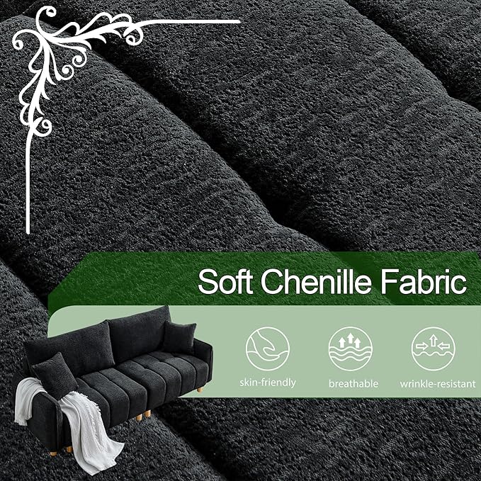 Convertible Sofa Bed, 90" Full Size Sleeper Sofa with Storage, Tufted Chenille 3 Seat Sofa Couches for Living Room, Small Spaces, Guest Room, Apartment, Black