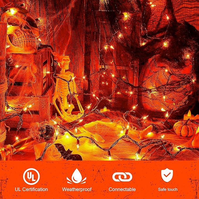 Orange Halloween Tree Lights with Green Wire,13ft 50 Incandescent Bulb Waterproof Fairy Lights,Plug in Mini String Lights for Christmas, Patio, Holiday, Party, Home, Indoor Outdoor Decor