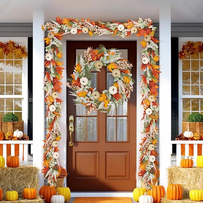 GENMOUS 6ft Thanksgiving Fall Garlands, Pumpkins Maple Leaves Autumn Wreaths for Front Door, Fall Decor, Porch Wall, Home Outdoor Holiday Decorations