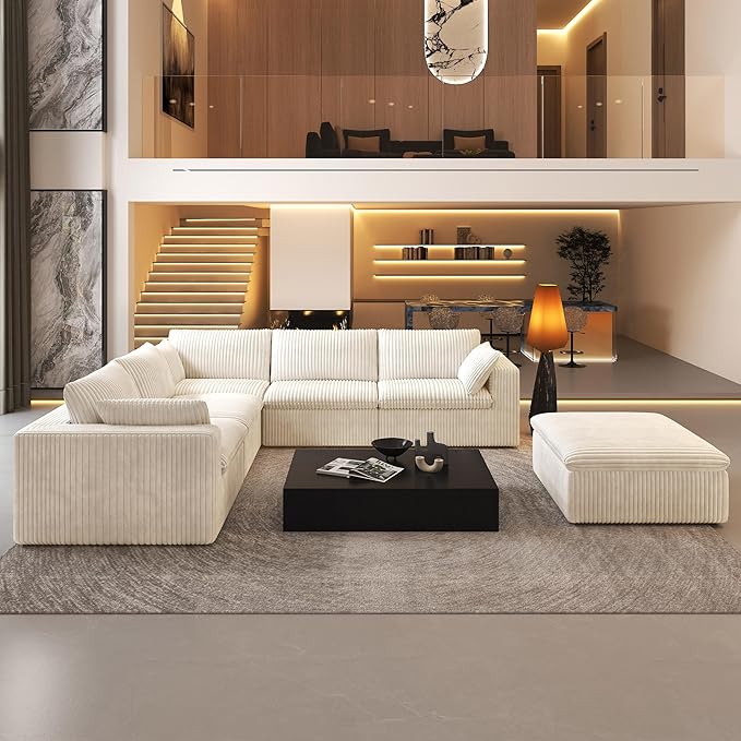 118" 6-Seater Cloud Sofa,Modular Sectional Couch with Ottoman,Modern Deep Seat Upholstered Couches with Plush Corduroy Fabric for Living Room Furniture,Bedroom and Apartment,No Assembly Required,White