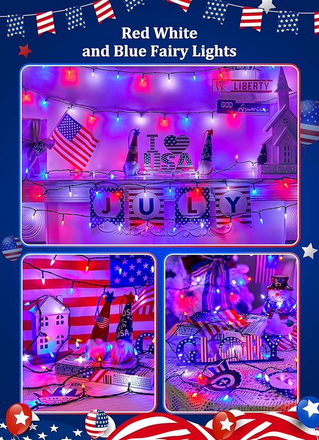 Red White Blue LED Lights - 100 Count 4th July Decoration Connectable Patriotic Mini String Lights Waterproof for Indoor Outdoor Xmas Holiday Party Patio Independence Day Decoration