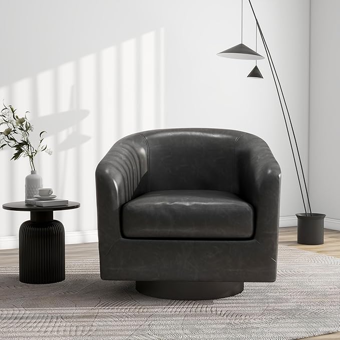 Swivel Barrel Accent Chair, Modern Round Faux Leather Arm Chair for Living Room, Bedroom, Comfy Club Reading Chairs for Adults(Faux Leather, Black Grey, Set of 1)