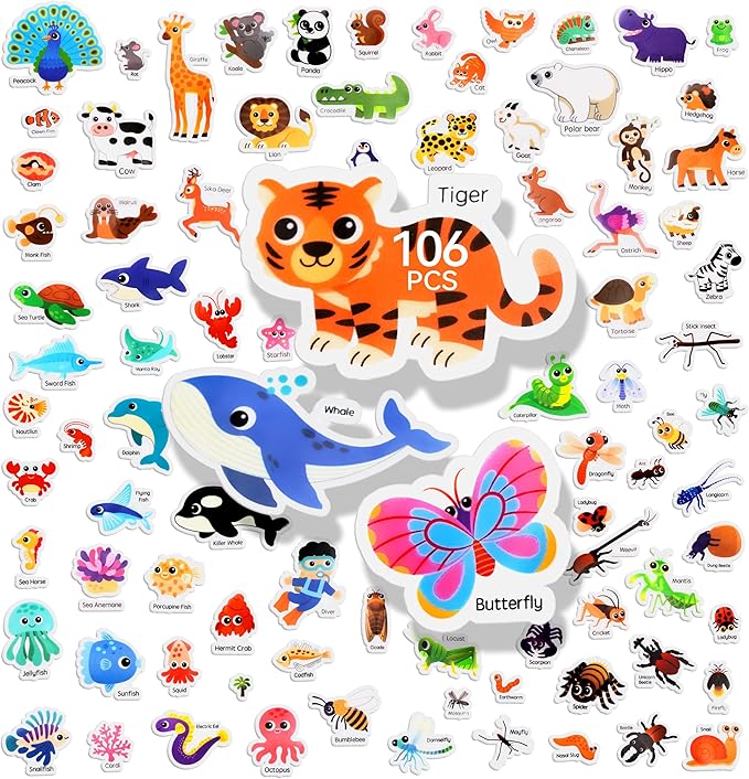 106 PCS Ocean/Animals/Insects Jelly Stickers - Thick, Removable Animal Window Clings for Toddlers. Great for Home, Classroom, Nursery Decor and Toddler Animal Party Supplies